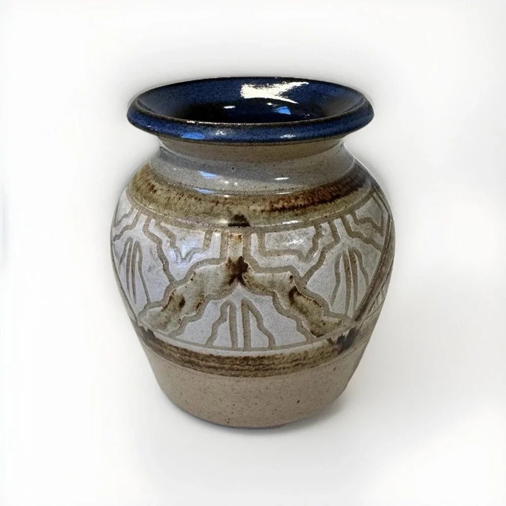 Krause 1986 Signed‎ Studio Pottery Vase Salt Glaze Geometric Stoneware 5